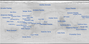 Carte annotée des principaux reliefs martiens.