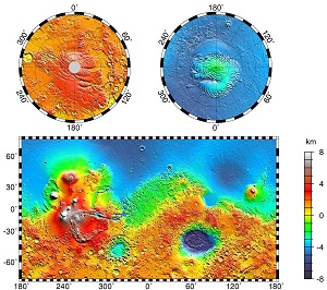 Carte topographique de Mars élaborée à partir des mesures du Mars Orbiter Laser Altimeter.