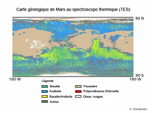 Nature des terrains martiens d'après le spectroscope TES de Mars Global Surveyor.