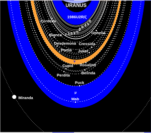 Schéma du système d'anneaux et de lunes d'Uranus.