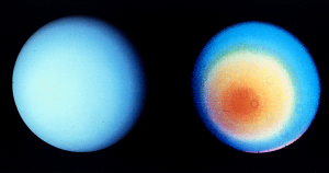 L'hémisphère sud d'Uranus en vraie couleur et dans une longueur d'onde supérieure.